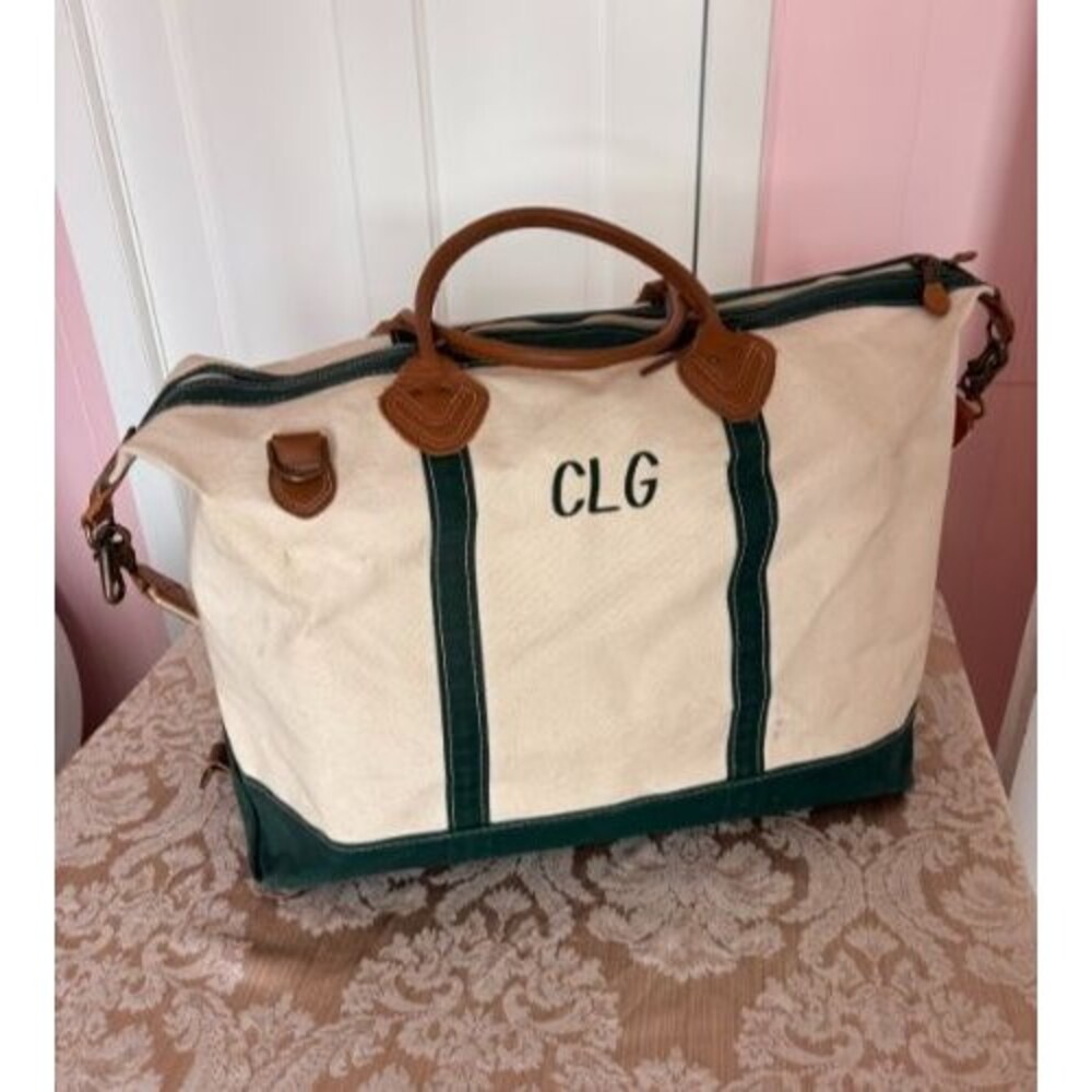 LL BEAN Canvas BOAT & TOTE Weekender Zip Top Leather Handles Strap XL Bag VTG